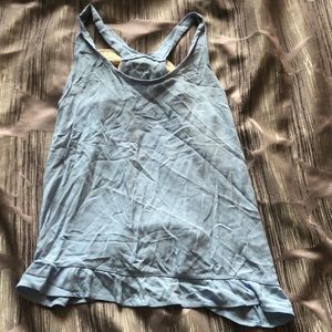Blue racerback top with cream lace bow